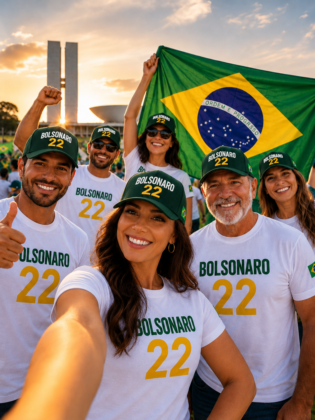 Grupo de apoiadores com bandeira do Brasil vestindo camisas e bonés Bolsonaro 22